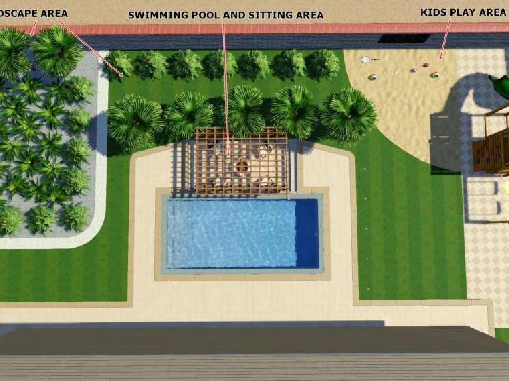 Backyard landscape with kids play area and pool